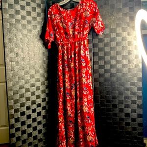 Anandas Collection Floral Print Dress/ Red/ Size XL